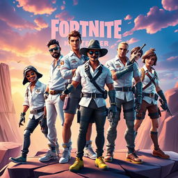 A dynamic group of Fortnite characters depicted as masters wearing stylish white shirts