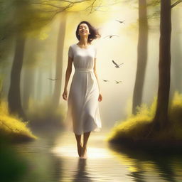 An image of a jubilant woman strolling through a sunlit forest