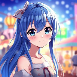 A captivating digital art illustration of a blue-haired anime girl, showcasing her vibrant hair cascading down her shoulders