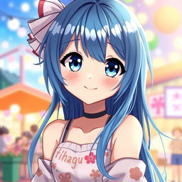 A captivating digital art illustration of a blue-haired anime girl, showcasing her vibrant hair cascading down her shoulders