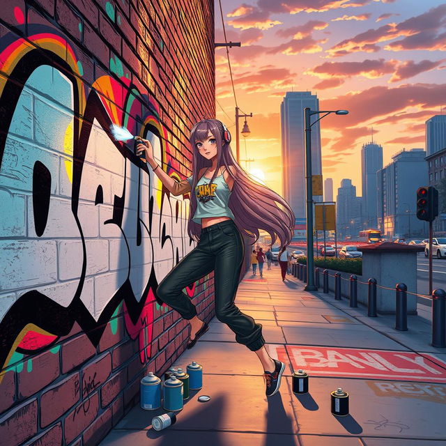 A vibrant urban scene showcasing a character named Lili, depicted as a young woman with long, flowing hair, wearing a stylish streetwear outfit