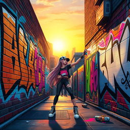 A vibrant urban scene showcasing a character named Lili, depicted as a young woman with long, flowing hair, wearing a stylish streetwear outfit