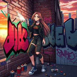 A vibrant urban scene showcasing a character named Lili, depicted as a young woman with long, flowing hair, wearing a stylish streetwear outfit