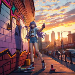 A vibrant urban scene showcasing a character named Lili, depicted as a young woman with long, flowing hair, wearing a stylish streetwear outfit