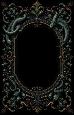 An ornate vintage fairytale frame designed for a dark fantasy novel, featuring intricate detailing and fantasy motifs
