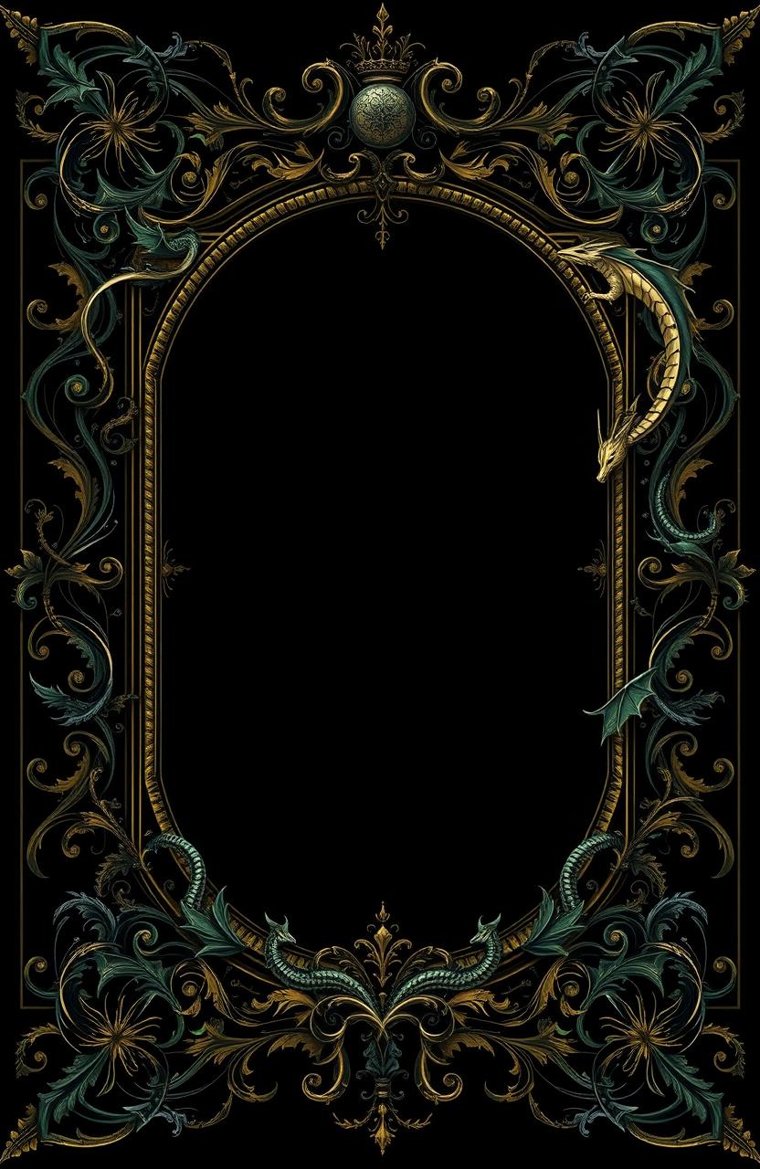 An ornate vintage fairytale frame designed for a dark fantasy novel, featuring intricate detailing and fantasy motifs