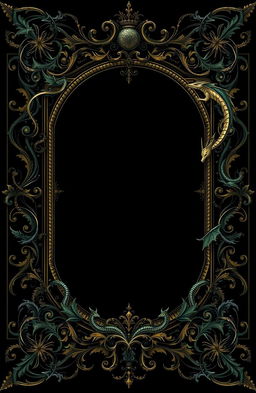 An ornate vintage fairytale frame designed for a dark fantasy novel, featuring intricate detailing and fantasy motifs