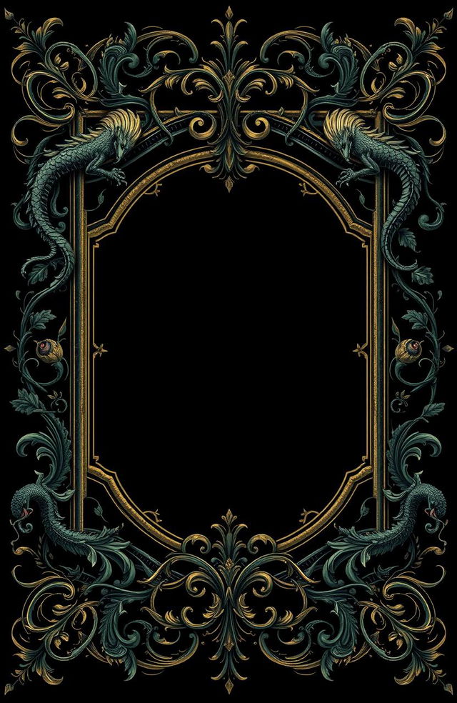 An ornate vintage fairytale frame designed for a dark fantasy novel, featuring intricate detailing and fantasy motifs