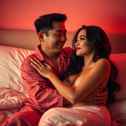 A cozy and intimate scene of a Chinese man in comfortable pajamas hugging a gorgeous, sexy woman in a softly lit bedroom cast in warm red tones