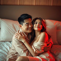 A cozy and intimate scene of a Chinese man in comfortable pajamas hugging a gorgeous, sexy woman in a softly lit bedroom cast in warm red tones
