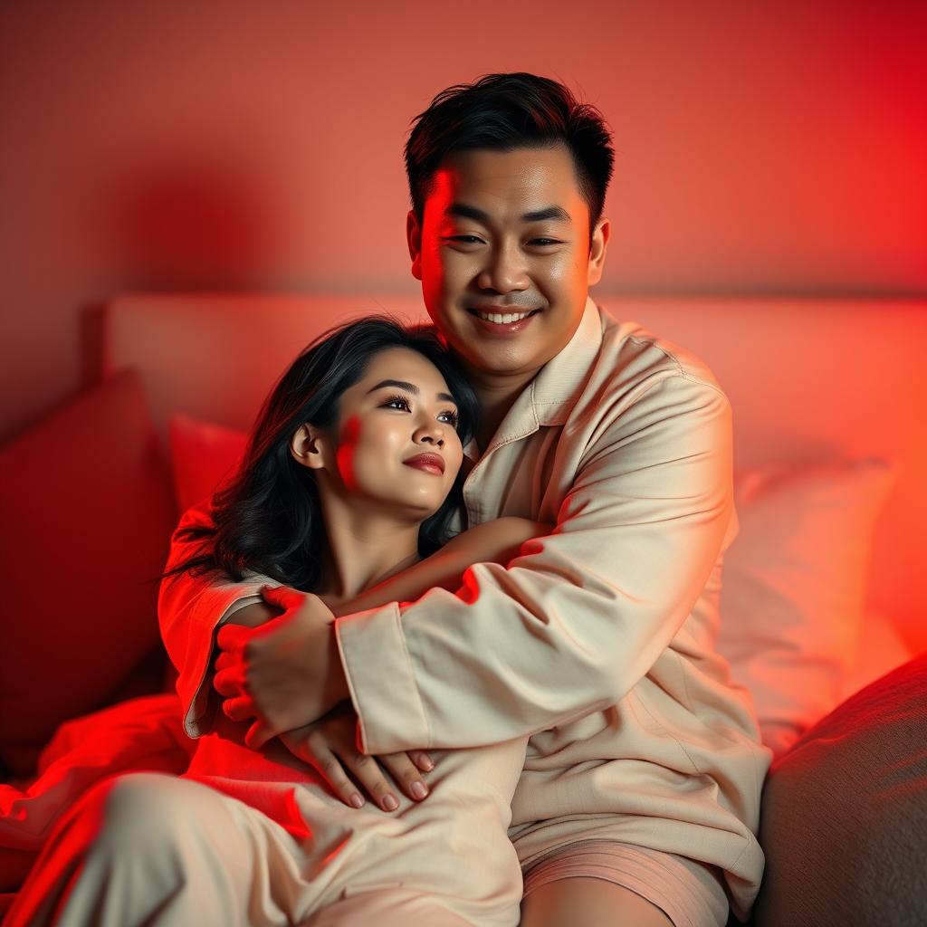 A cozy and intimate scene of a Chinese man in comfortable pajamas hugging a gorgeous, sexy woman in a softly lit bedroom cast in warm red tones