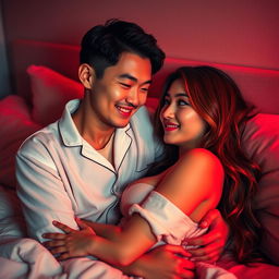 A cozy and intimate scene of a Chinese man in comfortable pajamas hugging a gorgeous, sexy woman in a softly lit bedroom cast in warm red tones