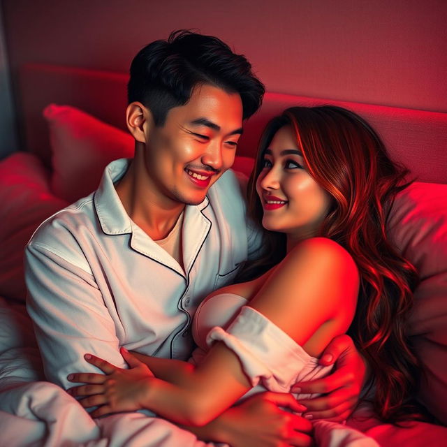 A cozy and intimate scene of a Chinese man in comfortable pajamas hugging a gorgeous, sexy woman in a softly lit bedroom cast in warm red tones