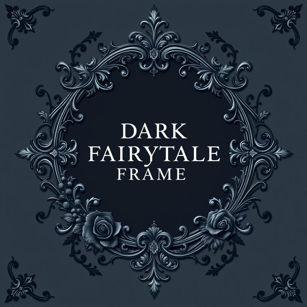 An ornate vintage fairytale frame designed for a dark fantasy novel, featuring elaborate flourishes and intricate patterns