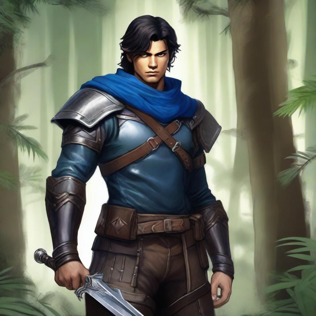 A high-quality digital art image, showcasing a ranger with jet black hair and piercing blue eyes