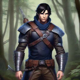 A high-quality digital art image, showcasing a ranger with jet black hair and piercing blue eyes