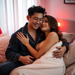 A cozy and intimate scene of a Chinese man in stylish pajamas warmly hugging a sexy, beautiful woman in a softly lit bedroom with an alluring red light