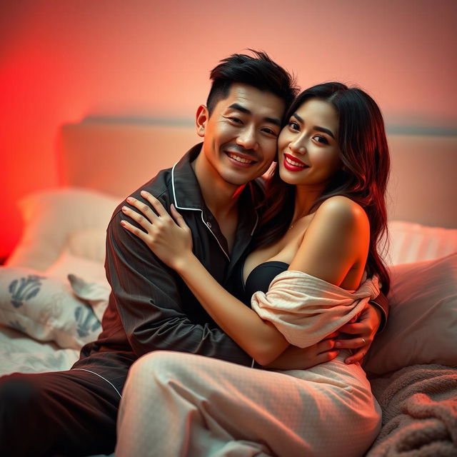 A cozy and intimate scene of a Chinese man in stylish pajamas warmly hugging a sexy, beautiful woman in a softly lit bedroom with an alluring red light