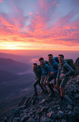 A breathtaking scene depicting four young men climbing a majestic mountain, their expressions a mix of determination and excitement
