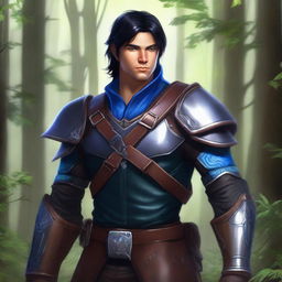 A high-quality digital art image, showcasing a ranger with jet black hair and piercing blue eyes