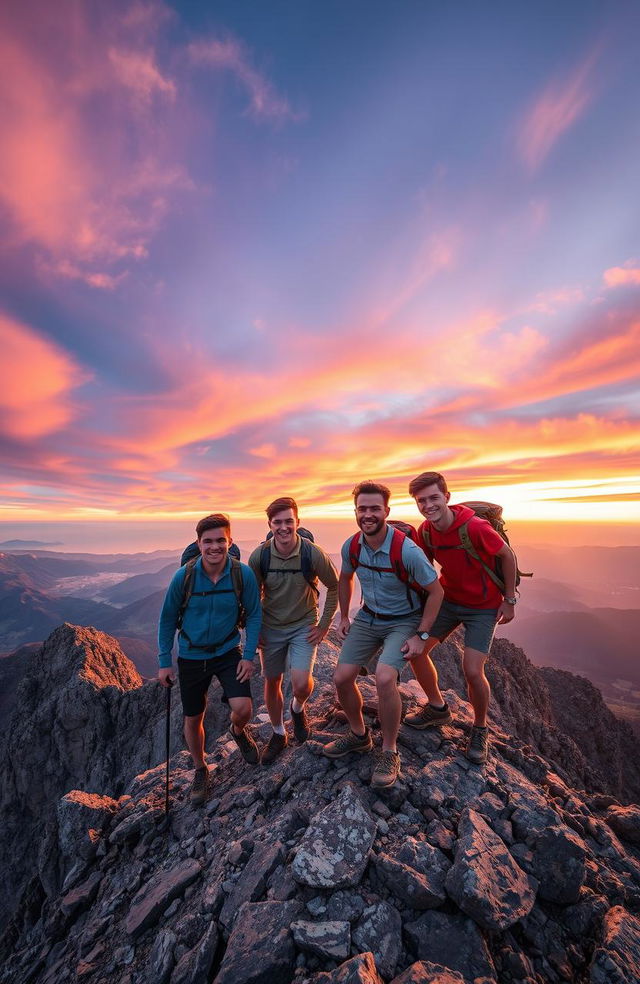 A breathtaking scene depicting four young men climbing a majestic mountain, their expressions a mix of determination and excitement