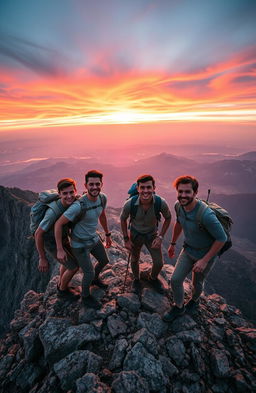 A breathtaking scene depicting four young men climbing a majestic mountain, their expressions a mix of determination and excitement