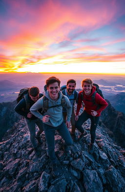 A breathtaking scene depicting four young men climbing a majestic mountain, their expressions a mix of determination and excitement