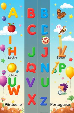 A colorful and engaging educational illustration showcasing the English and Portuguese alphabets side by side