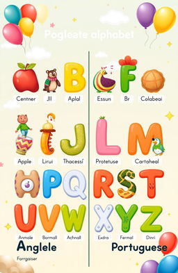 A colorful and engaging educational illustration showcasing the English and Portuguese alphabets side by side