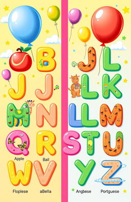 A colorful and engaging educational illustration showcasing the English and Portuguese alphabets side by side