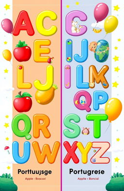 A colorful and engaging educational illustration showcasing the English and Portuguese alphabets side by side