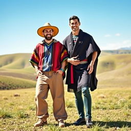 A vibrant and dynamic scene featuring Lionel Messi and Cristiano Ronaldo dressed in traditional gaucho attire