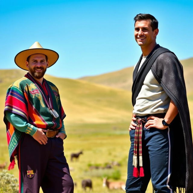 A vibrant and dynamic scene featuring Lionel Messi and Cristiano Ronaldo dressed in traditional gaucho attire