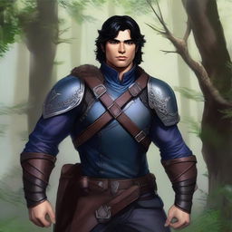 A high-quality digital art image, showcasing a ranger with jet black hair and piercing blue eyes