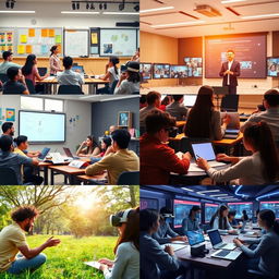 A vibrant classroom scene with engaged students of diverse backgrounds actively participating, colorful educational posters on the walls, a teacher facilitating a lesson using a modern smart board, natural light streaming through large windows, desks arranged in a collaborative layout, books and educational materials scattered around