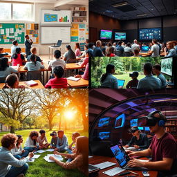 A vibrant classroom scene with engaged students of diverse backgrounds actively participating, colorful educational posters on the walls, a teacher facilitating a lesson using a modern smart board, natural light streaming through large windows, desks arranged in a collaborative layout, books and educational materials scattered around