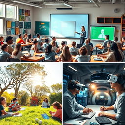A vibrant classroom scene with engaged students of diverse backgrounds actively participating, colorful educational posters on the walls, a teacher facilitating a lesson using a modern smart board, natural light streaming through large windows, desks arranged in a collaborative layout, books and educational materials scattered around