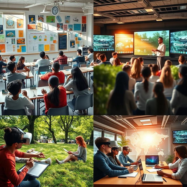 A vibrant classroom scene with engaged students of diverse backgrounds actively participating, colorful educational posters on the walls, a teacher facilitating a lesson using a modern smart board, natural light streaming through large windows, desks arranged in a collaborative layout, books and educational materials scattered around