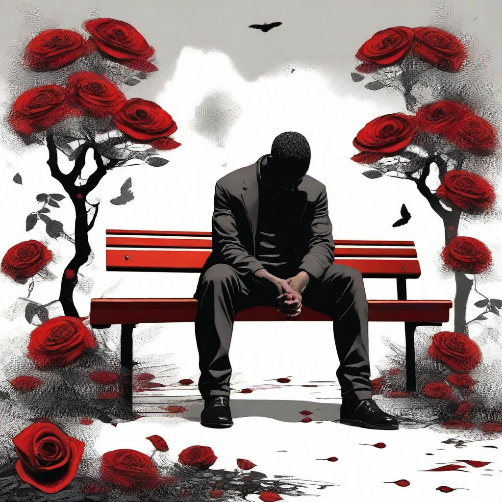 A high-quality digital art piece portraying a heartbroken black man sitting alone on a bench