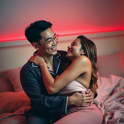 A warm and intimate scene featuring a Chinese man in stylish pajamas embracing a sexy, beautiful woman in a softly illuminated bedroom with a seductive red light