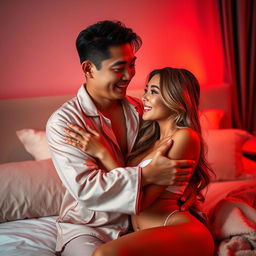 A warm and intimate scene featuring a Chinese man in stylish pajamas embracing a sexy, beautiful woman in a softly illuminated bedroom with a seductive red light