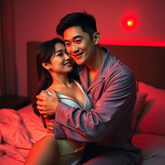 A warm and intimate scene featuring a Chinese man in stylish pajamas embracing a sexy, beautiful woman in a softly illuminated bedroom with a seductive red light