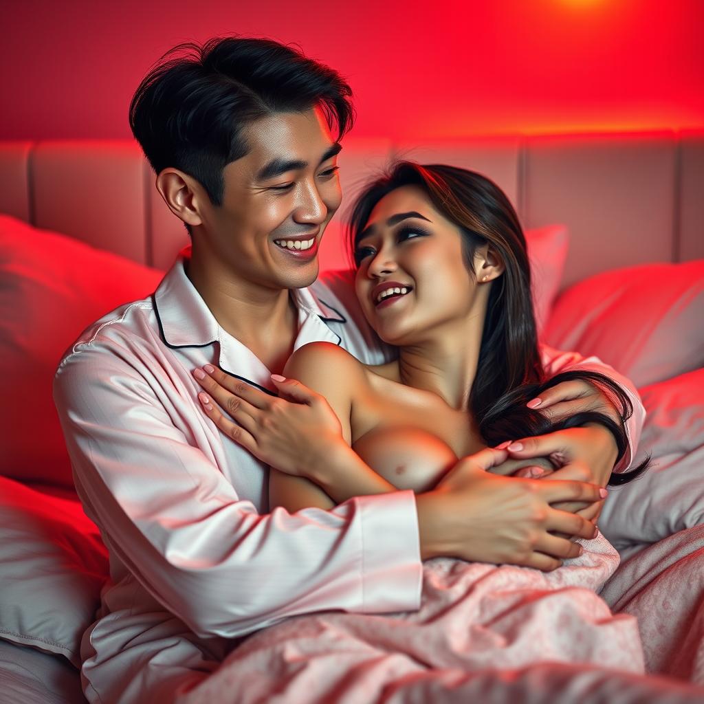 A warm and intimate scene featuring a Chinese man in stylish pajamas embracing a sexy, beautiful woman in a softly illuminated bedroom with a seductive red light