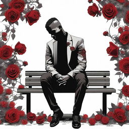 A high-quality digital art piece portraying a heartbroken black man sitting alone on a bench