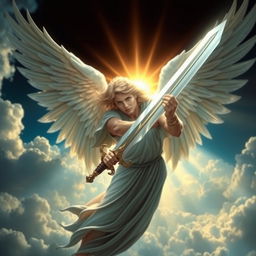 A powerful angel wielding a sword, depicted in a dynamic pose as if ready for battle