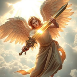 A powerful angel wielding a sword, depicted in a dynamic pose as if ready for battle