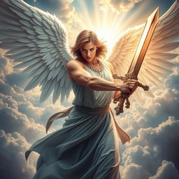 A powerful angel wielding a sword, depicted in a dynamic pose as if ready for battle