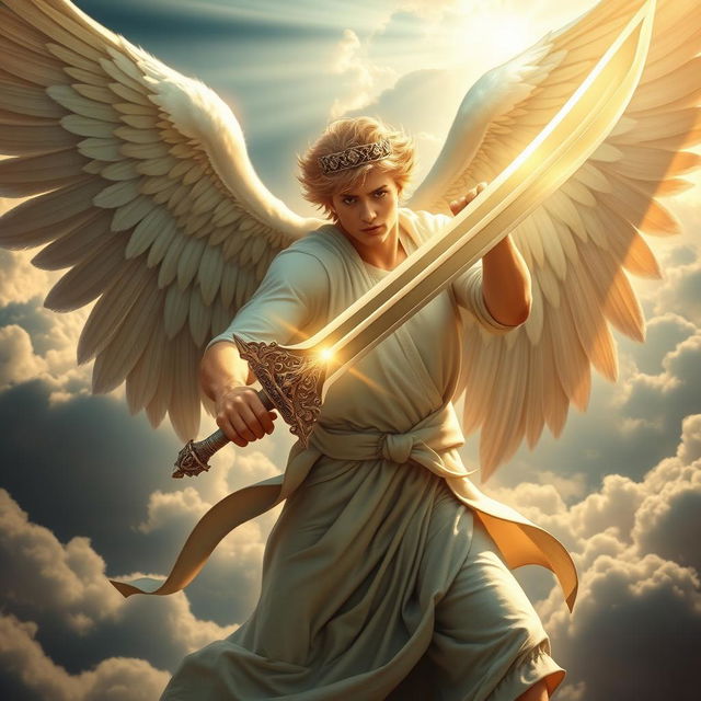 A powerful angel wielding a sword, depicted in a dynamic pose as if ready for battle