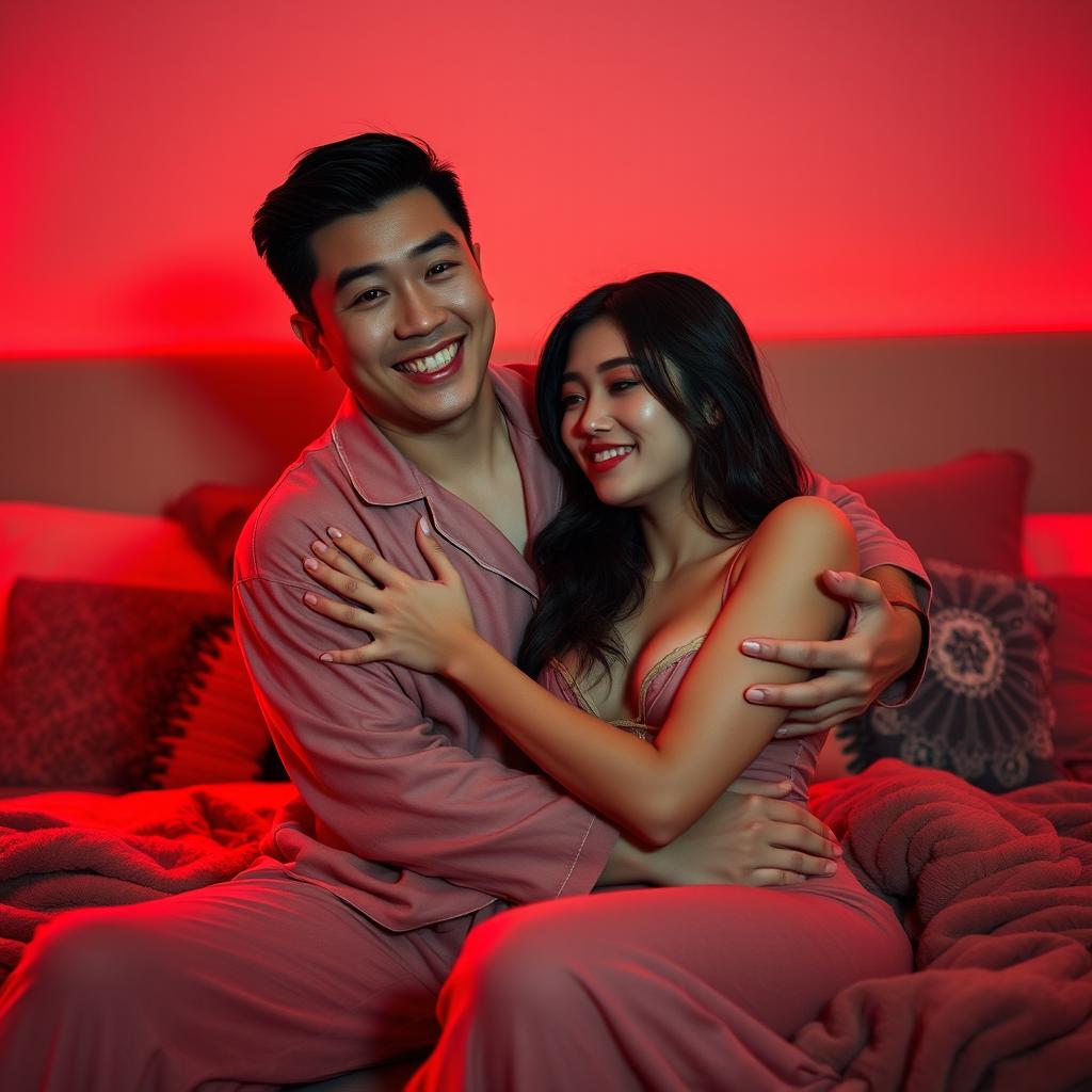 An intimate scene featuring a Chinese man in soft, stylish pajamas embracing a sexy, beautiful woman in a warmly lit bedroom with a captivating red glow