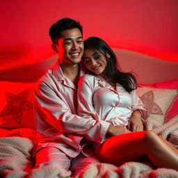 An intimate scene featuring a Chinese man in soft, stylish pajamas embracing a sexy, beautiful woman in a warmly lit bedroom with a captivating red glow